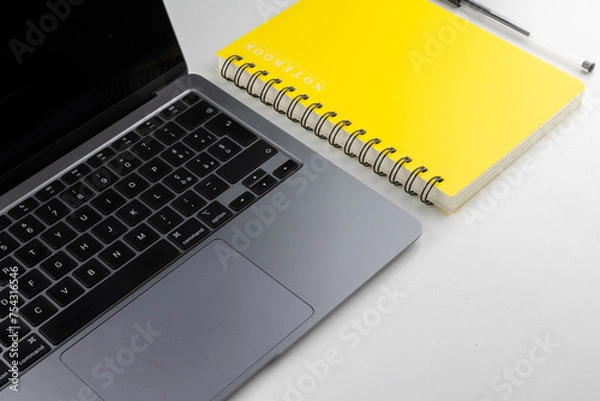 Obraz Laptop with block notes and pen