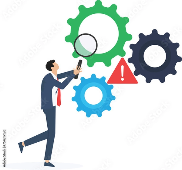 Obraz Search for a problem and find a solution or answer for a business problem concept, a businessman using a magnifying glass to search for a problem. Problem and root cause analysis

