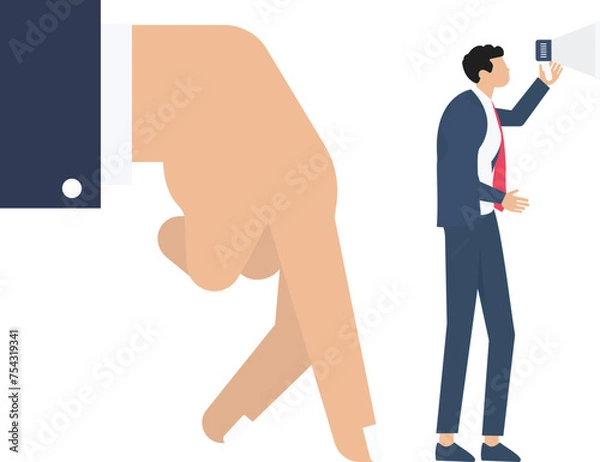 Obraz social media, businessman shouting in loud speaker with Finger Walk symbol and follow us word, Social media marketing concept

