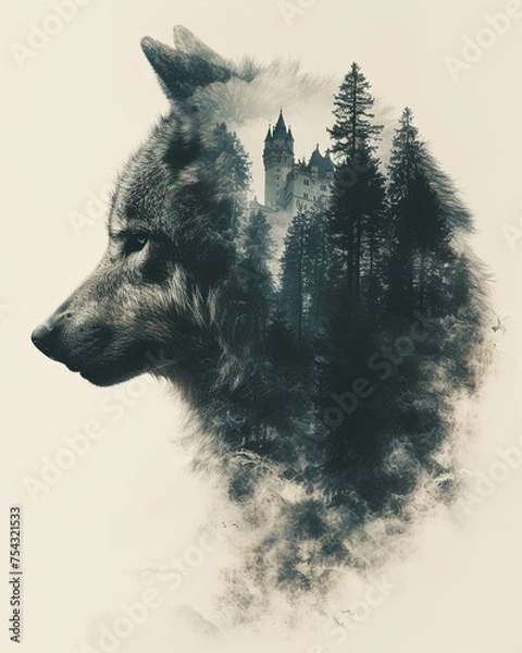 Obraz Double Exposure Wolf and Forest Illustration
