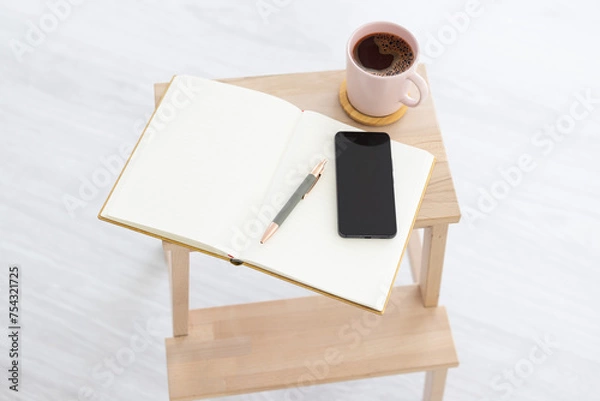 Obraz Notebook with pen, smartphone and coffeemug
