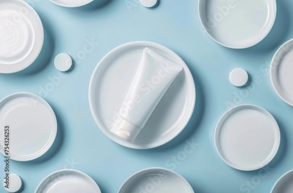 Obraz White cream tube mockup on blue background with scattered drops. Flat lay of hydro alcoholic gel with bottle. Top view of hands holding hydro alcoholic gel bottle