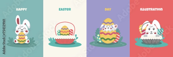 Obraz Happy Easter day illustration - cute bunny, eggs, and grass elements, vector illustration