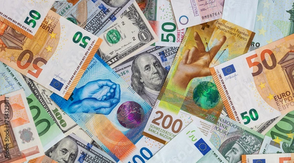 Obraz Closeup of  Swiss franc, US dollar, Euro, polish zloty banknotes  banknotes