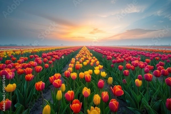 Fototapeta Sunrise Over Colorful Tulip Fields