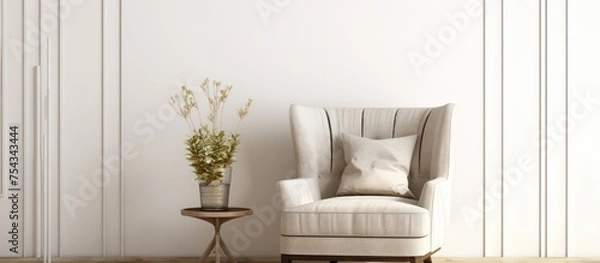Fototapeta A beige armchair and a table placed in a bright room with a white wall. The furniture is neatly arranged and creates a simple yet functional space. The room appears well-lit and clean.