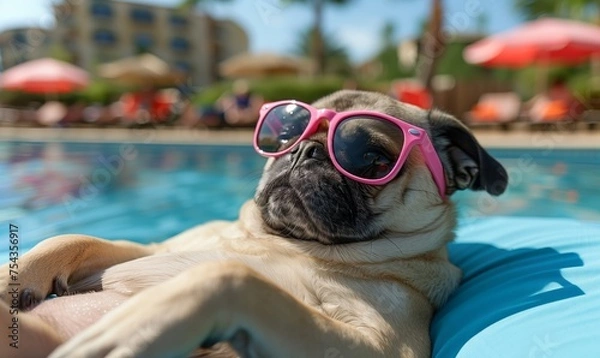 Obraz Happy dog ​​in glasses relaxes in the pool. Concept tourism, vacation.