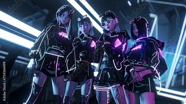 Fototapeta 未来的なアジアのダンス・ガールズ・グループのイメージイラスト