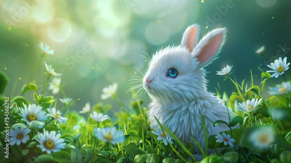 Fototapeta Easter Bunny and Flowers Banner Cover Background with text Space for Greeting or Social media Post. Pascha Fest. Neo Art Cards E V 3 7