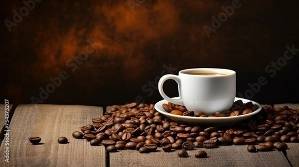 Fototapeta Coffee cup and coffee beans on a rustic background