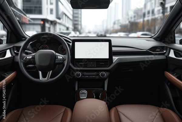 Fototapeta A car dashboard screen mockup with a blank display, set inside a modern vehicle interior.