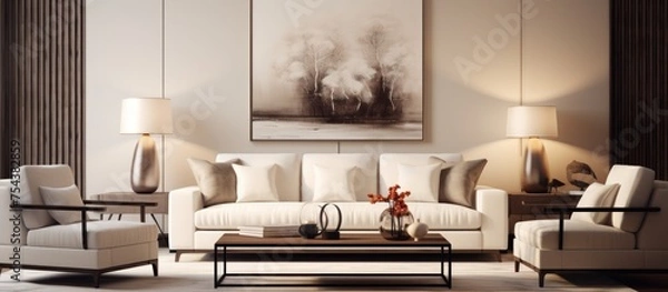 Fototapeta This living room is filled with furniture, including a white sofa, armchair, and a small coffee table. On the wall, there is a painting adding visual interest to the space.