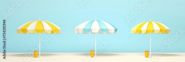 Fototapeta  illustration of a sunny beach scene with palm trees and beach umbrellas