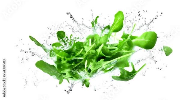 Fototapeta Arugula  sliced pieces flying in the air with water splash isolated on transparent png.
