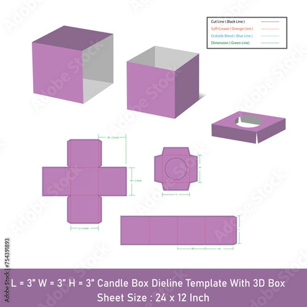 Fototapeta Square Candle box dieline template, vector design