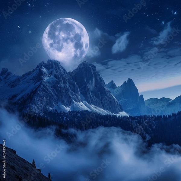 Fototapeta 커다란 푸른색 달, 겨울의 달, 차가운 산, 밤의 구름, 구름과 산, 차가운 배경, 추운 날씨