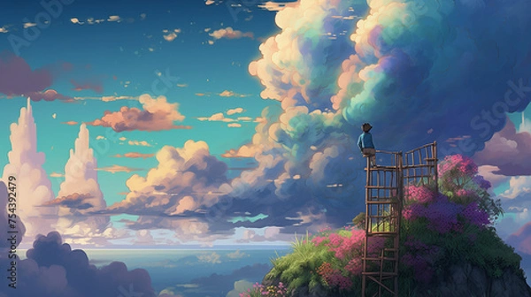 Fototapeta 무지개색 구름, 컬러풀한 구름, 소년과 구름, 하늘을 바라보는 소년, 아름다운 풍경, 판타지 구름, 아름다운 하늘