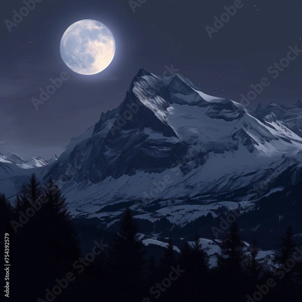 Fototapeta 야경, 아름다운 산과 아름다운 달, 눈이 쌓인 산, 동그랗고 커다란 달, 아름다운 풍경