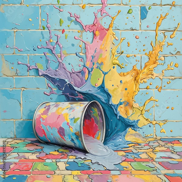 Fototapeta 파스텔톤의 물감, 다채로운 색감의 물감들, 물감이 쏟아지는 페인트통
