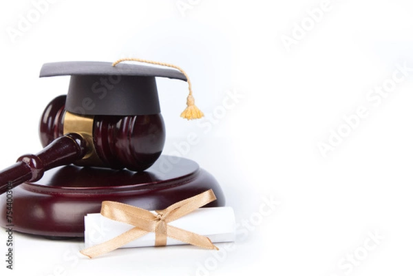 Obraz Graduation Hat with Diploma,Judge gavel on white background.