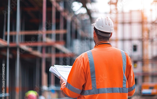 Fototapeta Closeup image of civil engineer with blueprints at construction site.