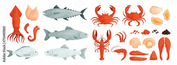 Fototapeta Seafood . Vector of mussels, clam, oyster. Fish salmon, trout, tuna, dorado. Shrimp, squid, octopus tentacles, lobster, crab and crayfish. Red and black caviar. Steaks and pieces of fish.
