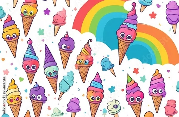 Fototapeta A lot of ice cream on a white background and a rainbow
