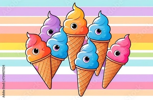 Fototapeta Cheerful ice cream in a waffle cone on rainbow background