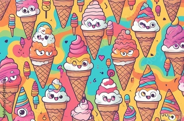 Fototapeta Cheerful ice cream in a waffle cone on rainbow background