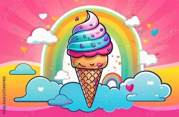 Fototapeta Cheerful ice cream in a waffle cone on rainbow background