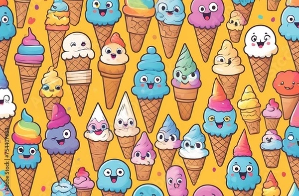 Fototapeta Cheerful ice cream in a waffle cone on yellow background