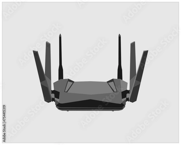 Fototapeta Realistic Wireless Router with the antenna. Signs on a separate layer. Wireless router isolated on grey background.