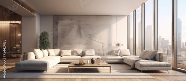 Fototapeta This living room features a clean and modern design, with white furniture filling the space and tall windows allowing for ample natural light. The room is spacious and airy,