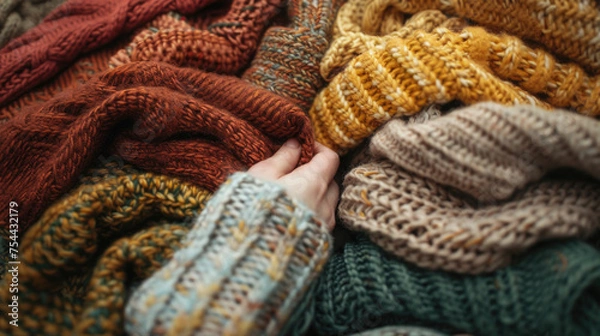 Fototapeta A crafter's hand picking through cozy, chunky knit fabrics in warm shades of rust, mustard, and forest green, evoking a sense of comfort and warmth for winter creations