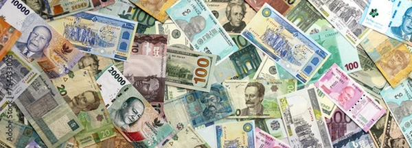 Obraz Many banknotes of different currency. Background of big amount of random money bills close up