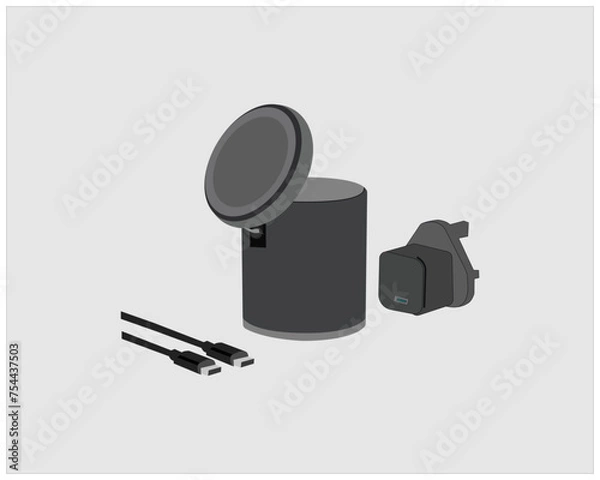 Obraz Wireless battery charger and smartphone or tablet - Vector illustration. Wireless charger infographics. Wireless charging technology concept on white background.