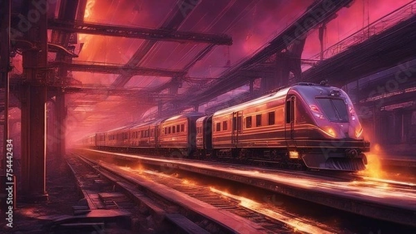 Fototapeta train in the station A soul train that races through the world on a fast and furious railway. The train is a wild  