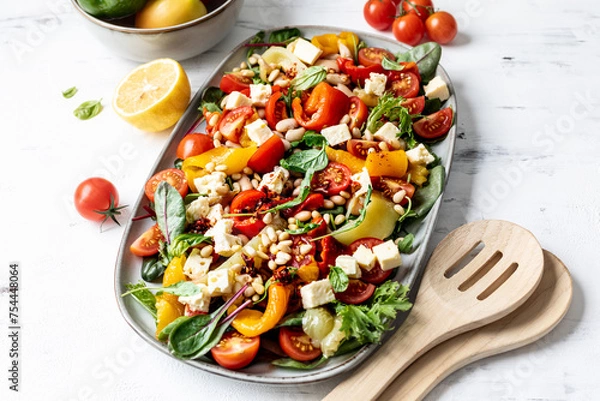 Fototapeta Roasted pepper and butter bean salad with harissa dressing on white background.