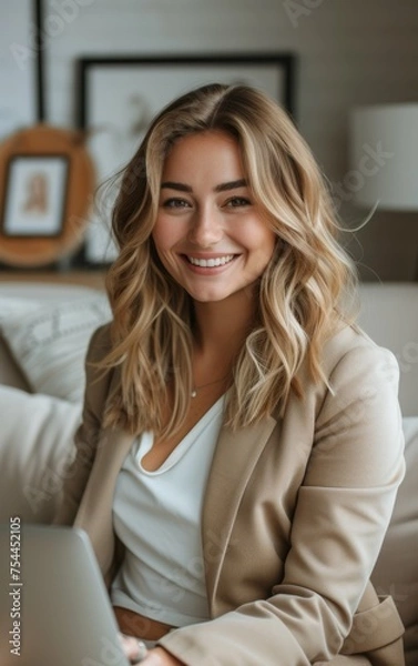 Fototapeta A woman is sitting on a couch with a laptop in front of her. She is wearing a tan jacket and a white shirt