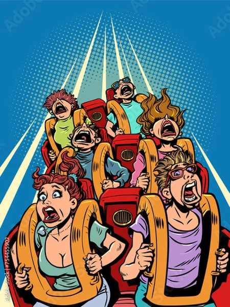 Fototapeta People scream and ride a roller coaster. Poster for amusement park and free leisure. A banner with a unique offer that will turn your head.