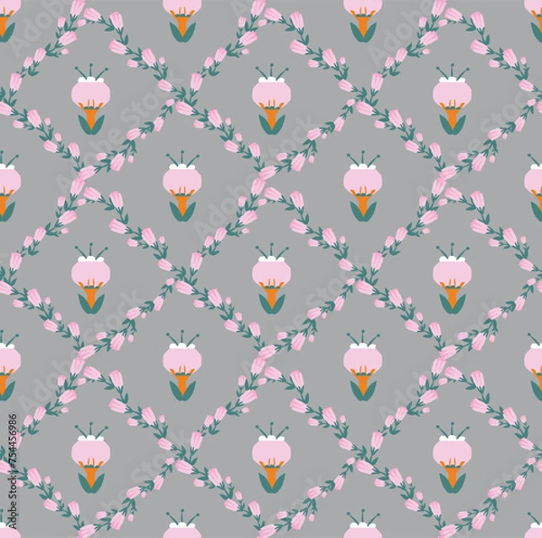Obraz Floral Vector Diamond Pattern Ivy Tulip Flowers Seamless Textured Trendy Color Popular Geometric Abstract Hand Drawn Pattern Design Wallpaper Wrapping Paper Textile Print Fabric Print Dress Shirt 