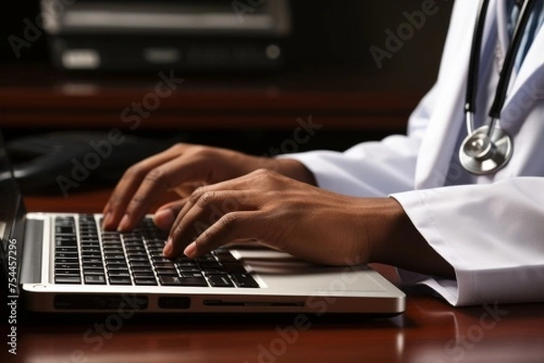 Fototapeta Close-up of doctor typing on computer keyboard in well-lit office with monitor displaying graphs