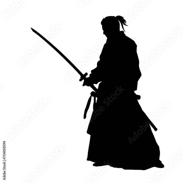 Obraz Black and white samurai vector illustration, logo design of a traditional Japanese warrior with katana sword