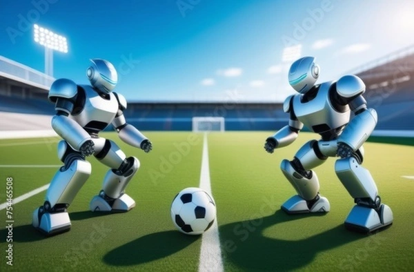 Fototapeta Robots playing a football in stadium. Two robot players play game in arena.