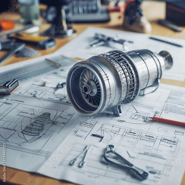 Fototapeta A highly detailed model of a jet engine rests on complex aerospace engineering blueprints, surrounded by design tools