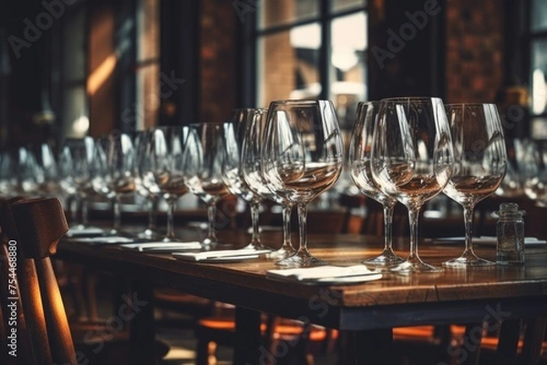 Fototapeta A long table filled with empty wine glasses. Ideal for restaurant or event planning concepts