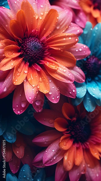 Fototapeta A macro photograph of water droplets on vibrant flower petals, a close-up mobile wallpaper photography Generative AI