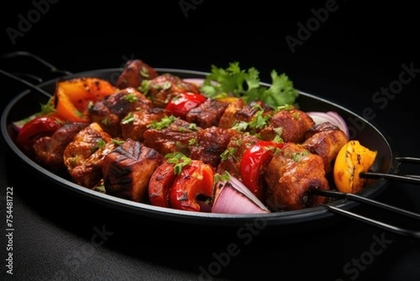 Obraz A pan filled with meat and vegetables on a table. Suitable for food and cooking concepts