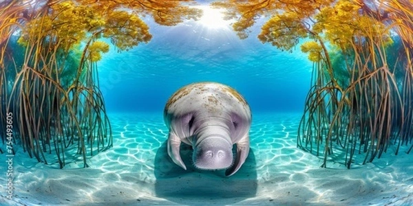 Obraz Symmetrical underwater view of a manatee in a vibrant blue environment with sunlight filtering through the water, creating a captivating and serene underwater scene