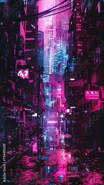 Fototapeta Abstract of Amidst the neon-lit alleyways of a cyberpunk dystopia